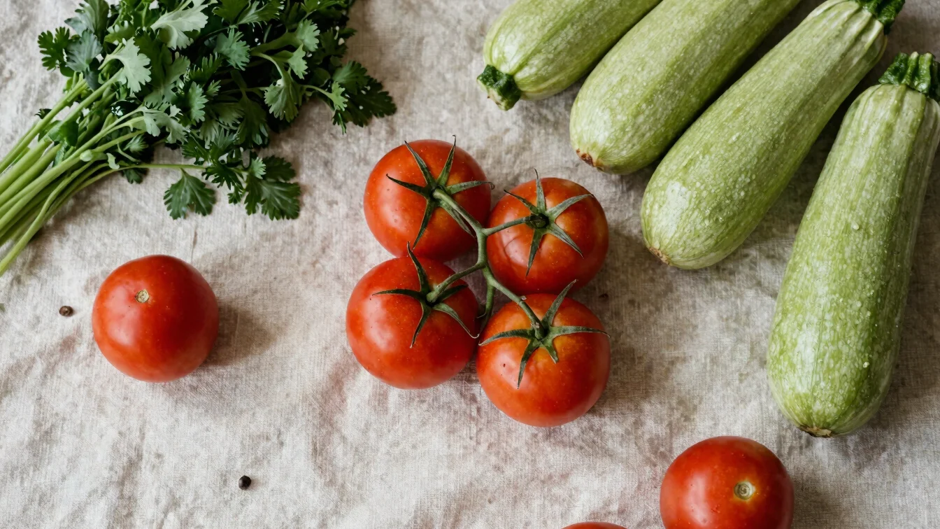 Overhead still life of seasonal market produce: tomatoes, zucchin
