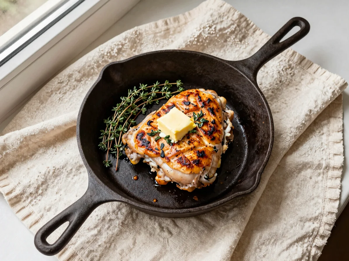 Overhead view of a cast-iron skillet on a cream linen cloth, a se