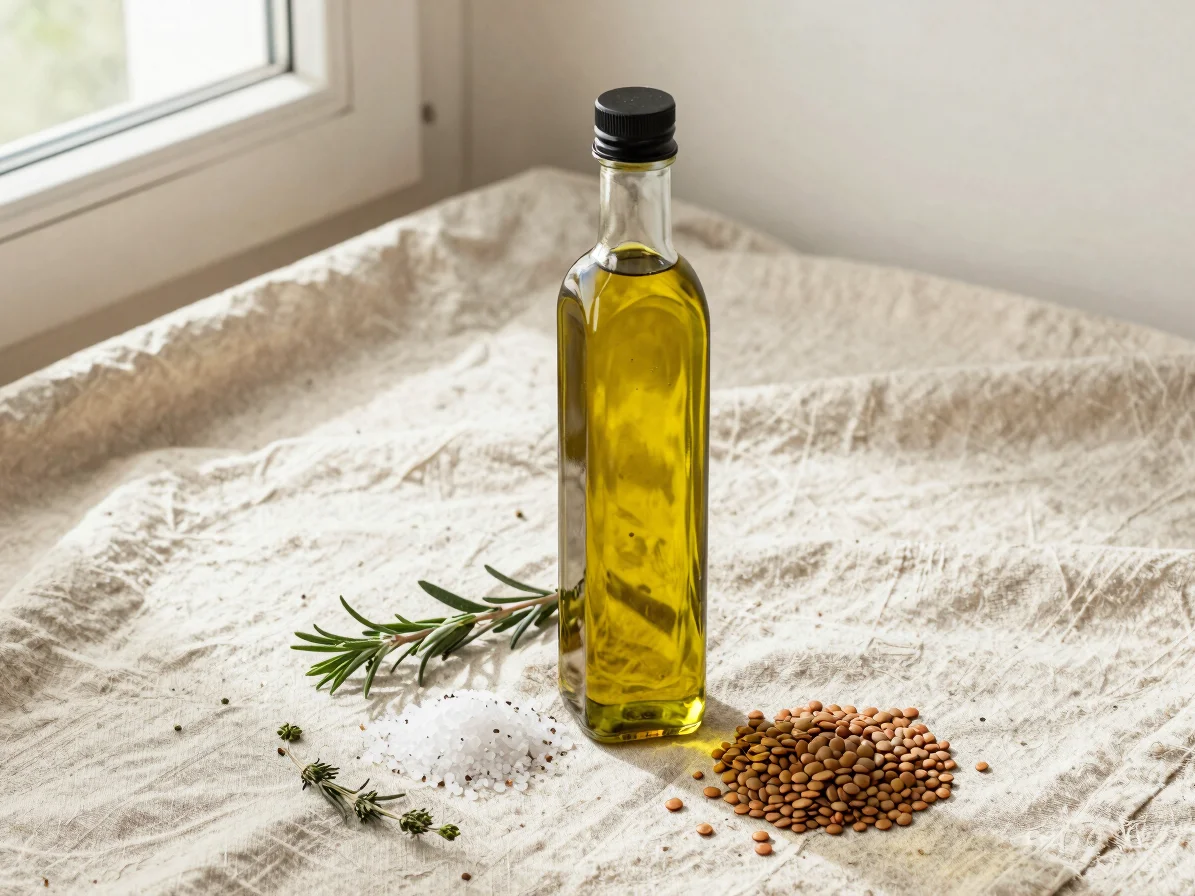 Overhead studio-style photograph of cold-pressed olive oil, sea s