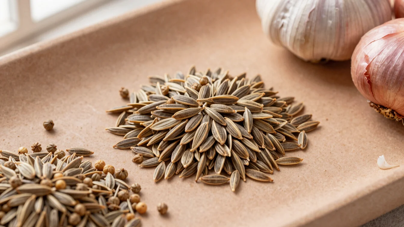 Overhead macro photograph of whole cumin seeds, coriander seeds,
