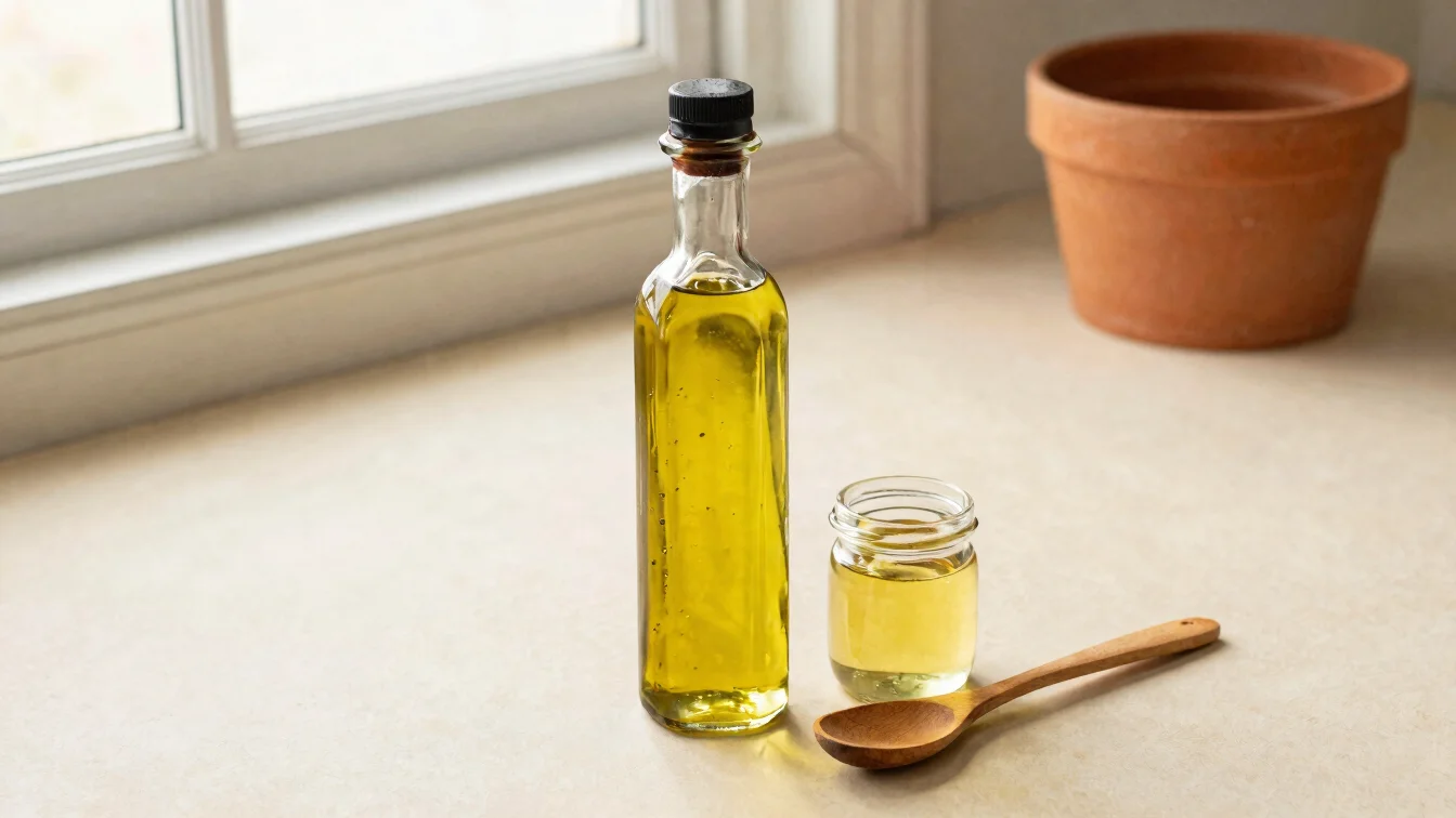 Close detail of a glass bottle of cold-pressed oil and a small ja