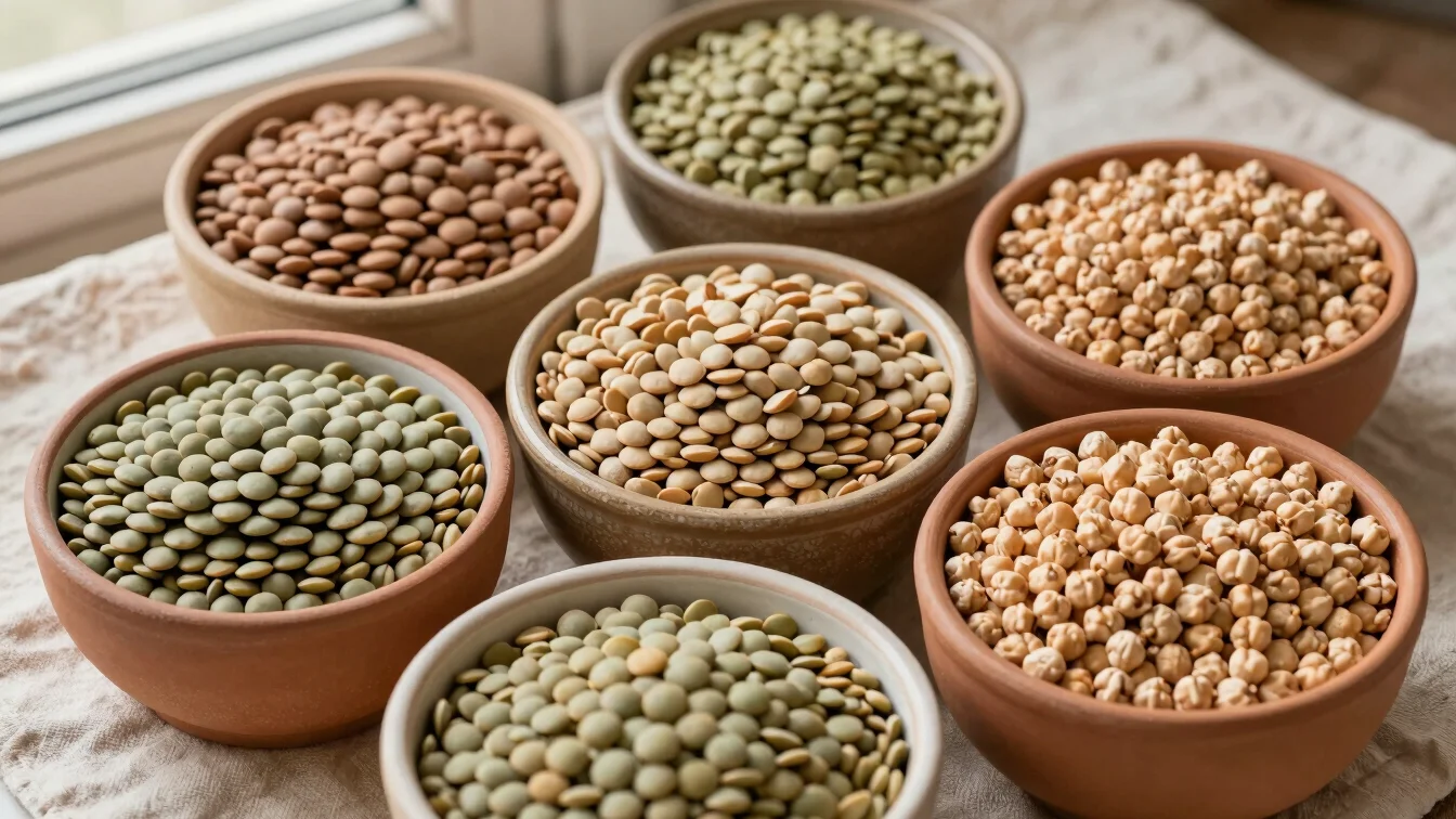 Overhead photograph of mixed dried lentils and chickpeas in ceram