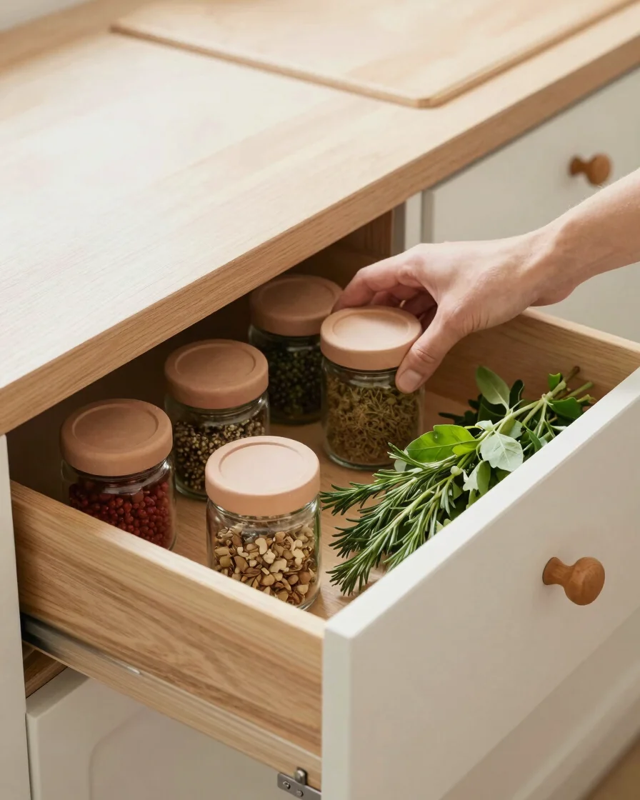 Hands placing a small jar of spices and a bunch of fresh herbs in