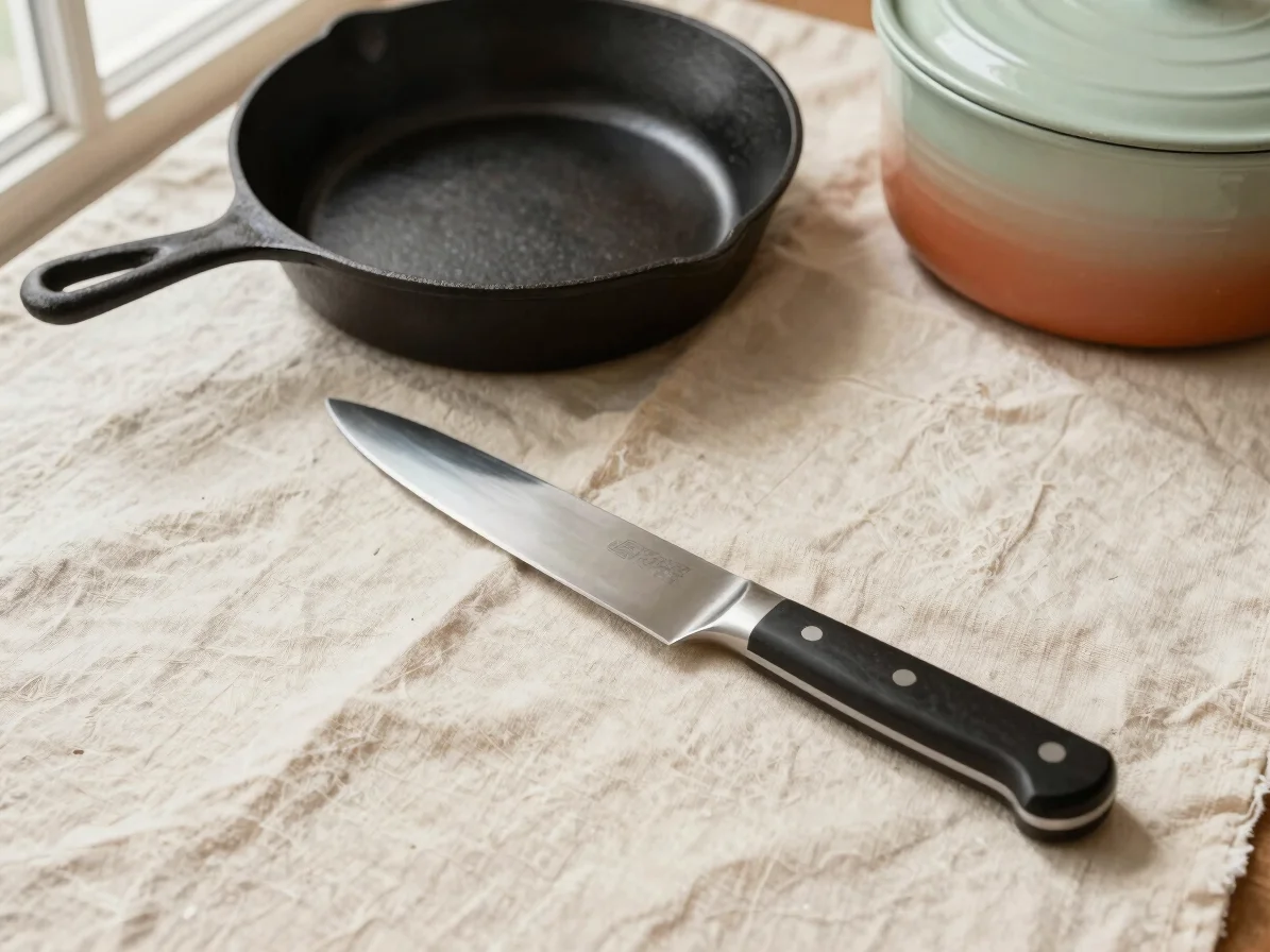 Overhead studio-style photograph of a chef's knife, a cast iron s