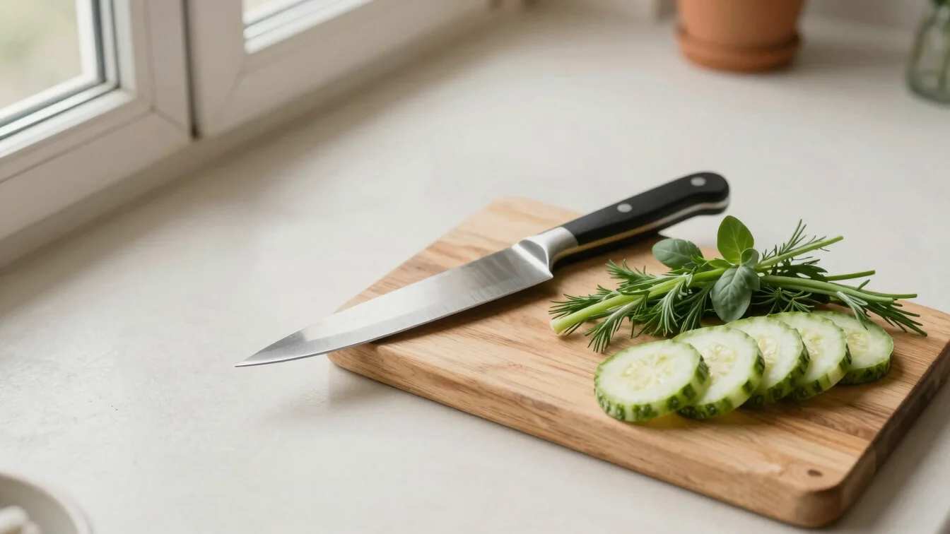 Overhead photograph of a sharp chef's knife resting on a wooden board beside fresh herbs and sliced vegetables, soft win