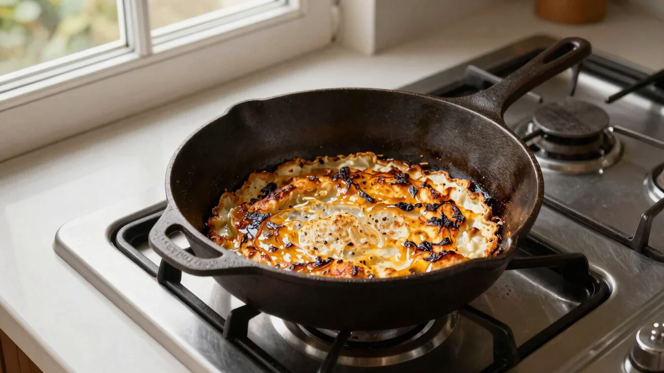 Close overhead view of a heavy cast iron skillet on a stovetop, golden seared food visible inside, soft window daylight,