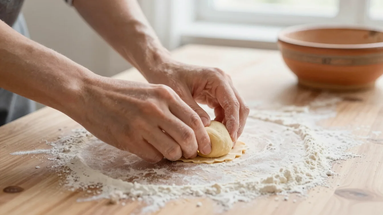 Close detail of hands folding fresh pasta dough on a floured wood