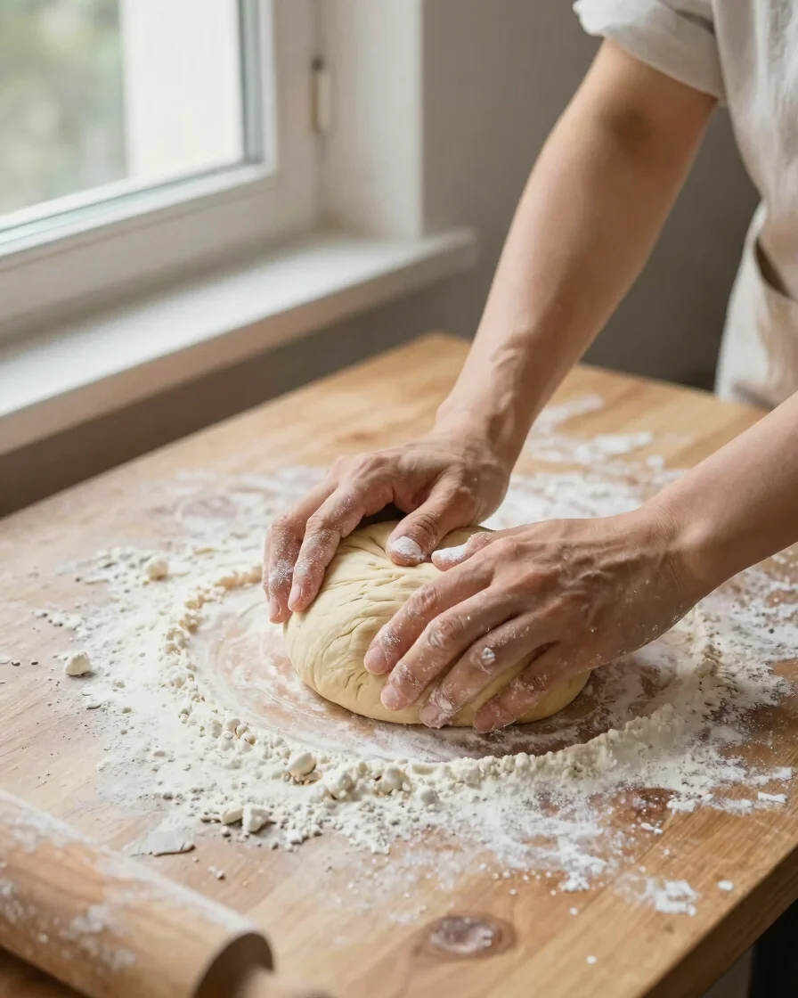 Hands kneading dough on a floured wooden counter beside a window, soft natural daylight, tactile textures, cream and sag