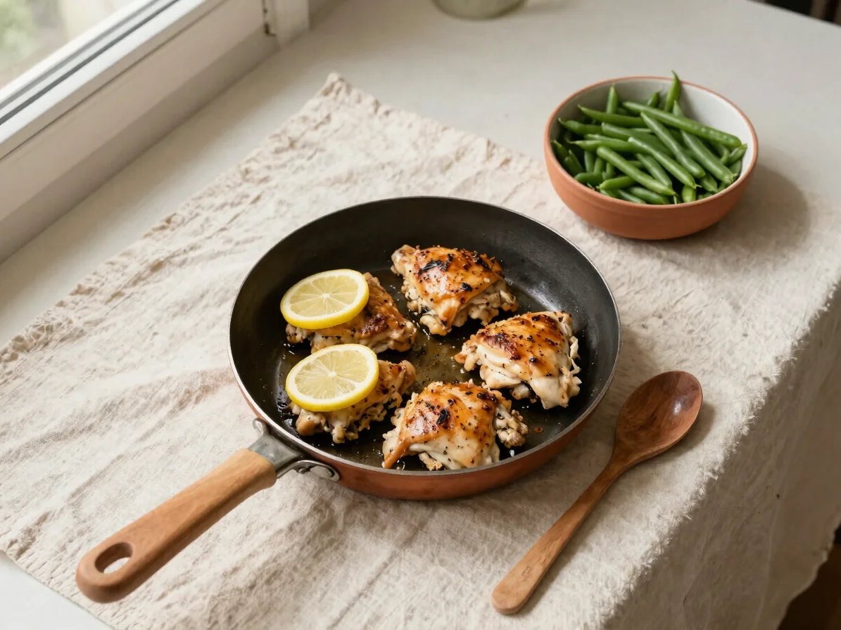 Overhead view of a simple weeknight dinner on a cream linen cloth