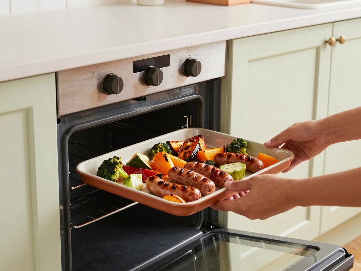 Hands sliding a sheet pan of roasted vegetables and sausage out o