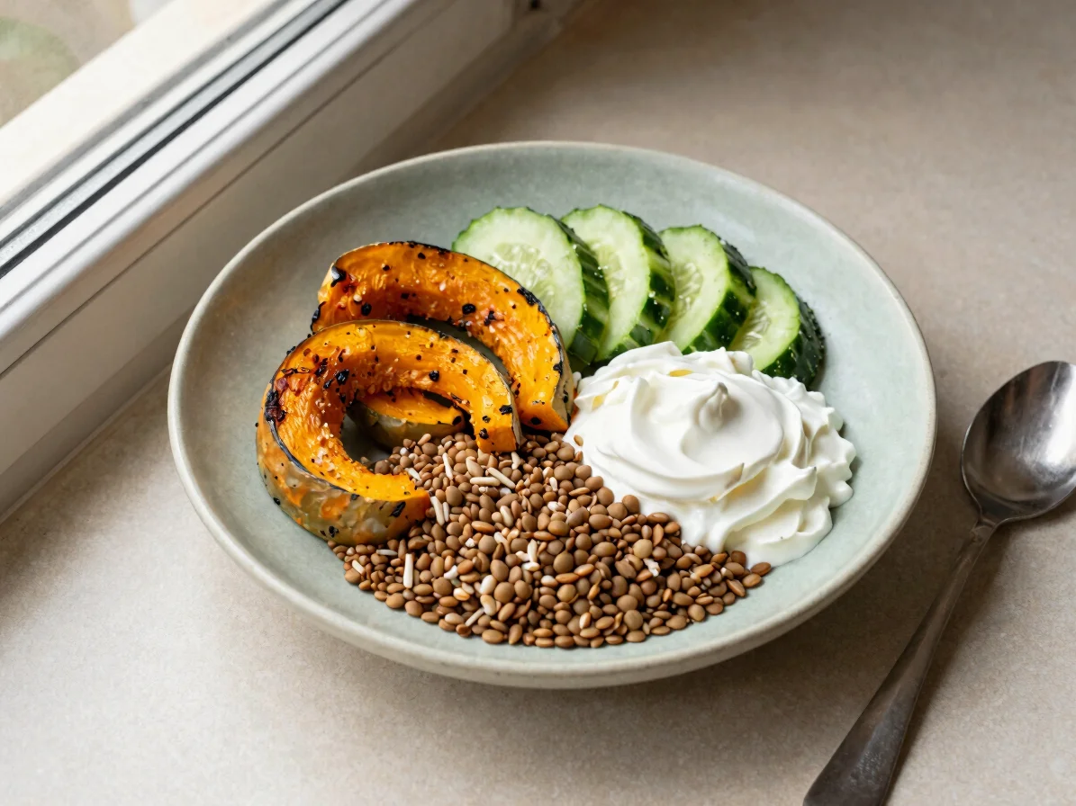Overhead shot of a grain bowl with lentils, roasted squash, cucum