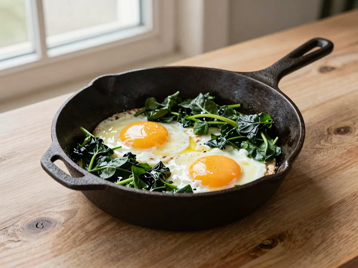 Close view of a cast iron skillet with eggs and wilted spinach ov