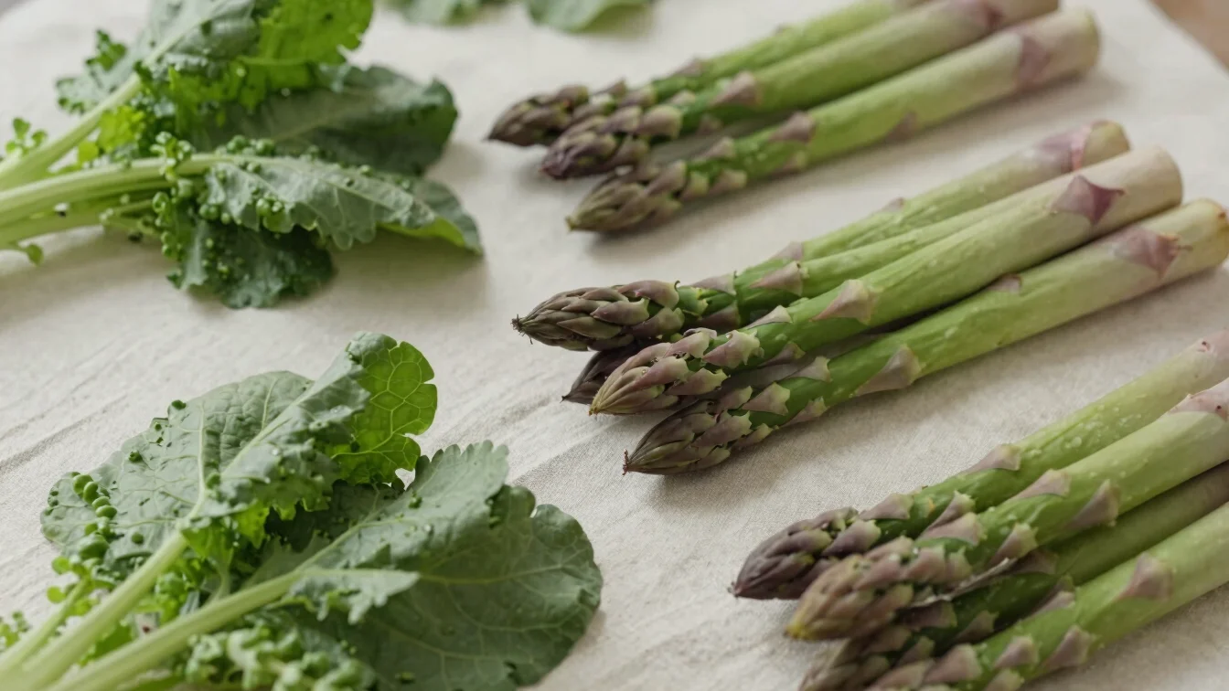 Overhead close-up of fresh spring greens and asparagus on a pale