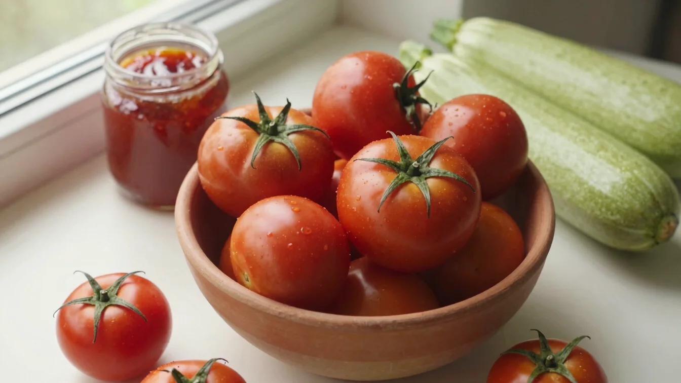 Overhead view of summer tomatoes, zucchini, and stone fruit in a