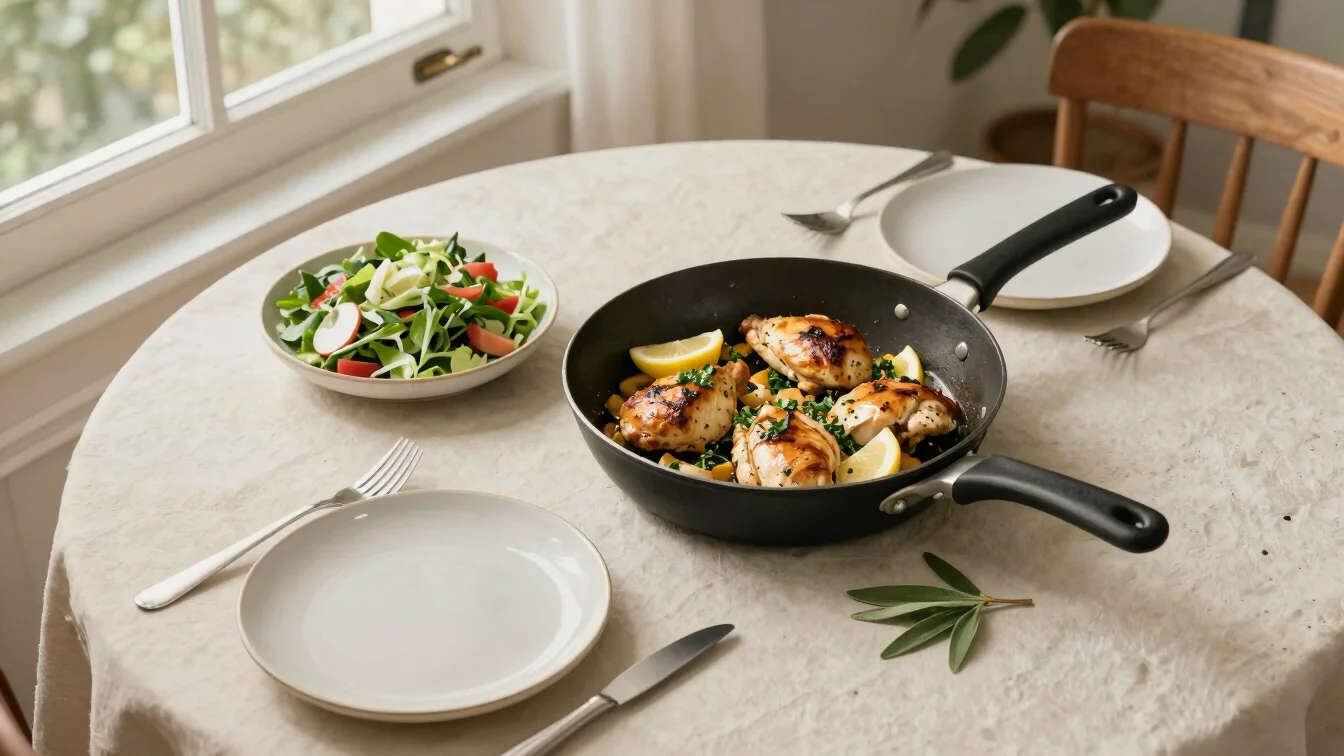 Overhead view of a weeknight dinner in progress: a skillet of gol