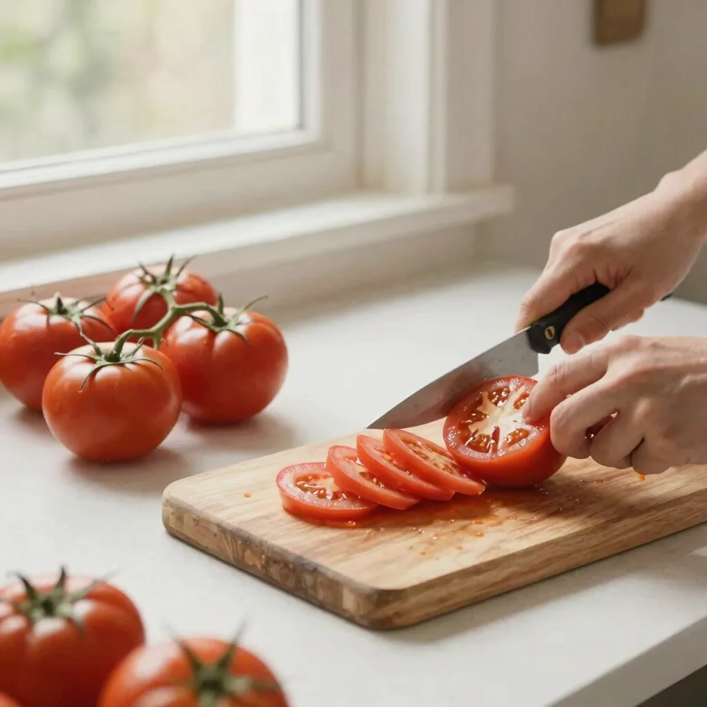 Hands slicing ripe summer tomatoes on a wooden board, natural window light, cream tones