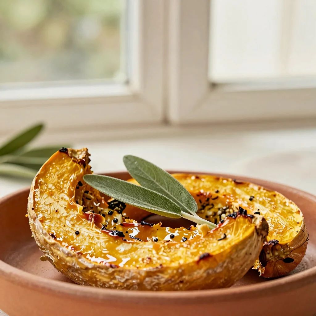 Close detail of golden roasted squash with sage leaves, editorial food photography